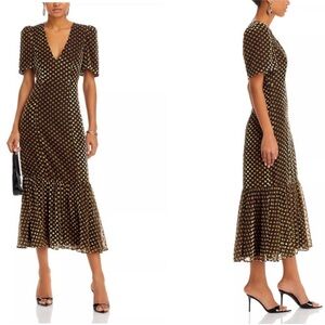 RHODE Anton Puff Sleeve Midi Dress Polka Dot Black Velvet Gold Pots Size 6